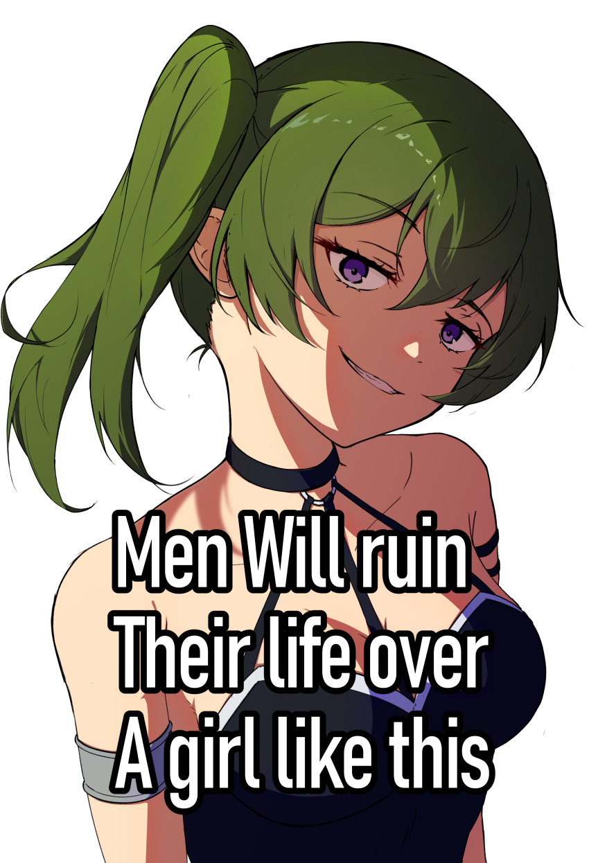 1girl, absurdres, arm_strap, armband, bare_shoulders, black_choker, black_dress, choker, clenched_teeth, commentary, dress, english_commentary, english_text, fukaikiri, green_hair, hair_between_eyes, half-closed_eyes, highres, jitome, long_hair, looking_at_viewer, o-ring, o-ring_choker, parted_lips, purple_eyes, side_ponytail, simple_background, solo, sousou_no_frieren, teeth, truth, ubel_(sousou_no_frieren), upper_body, white_background