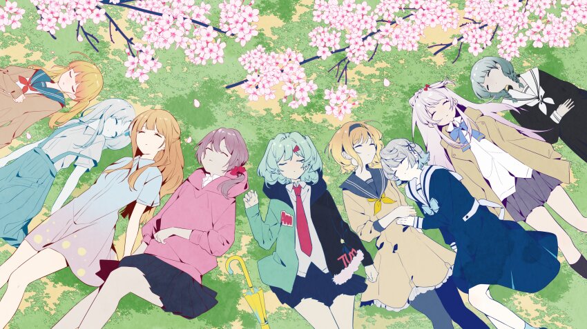 6+girls, absurdres, black_serafuku, blonde_hair, blue_hair, cherry_blossoms, day, doro_no_bunzai_de_watashi_dake_no_taisetsu_wo_ubaou_da_nante