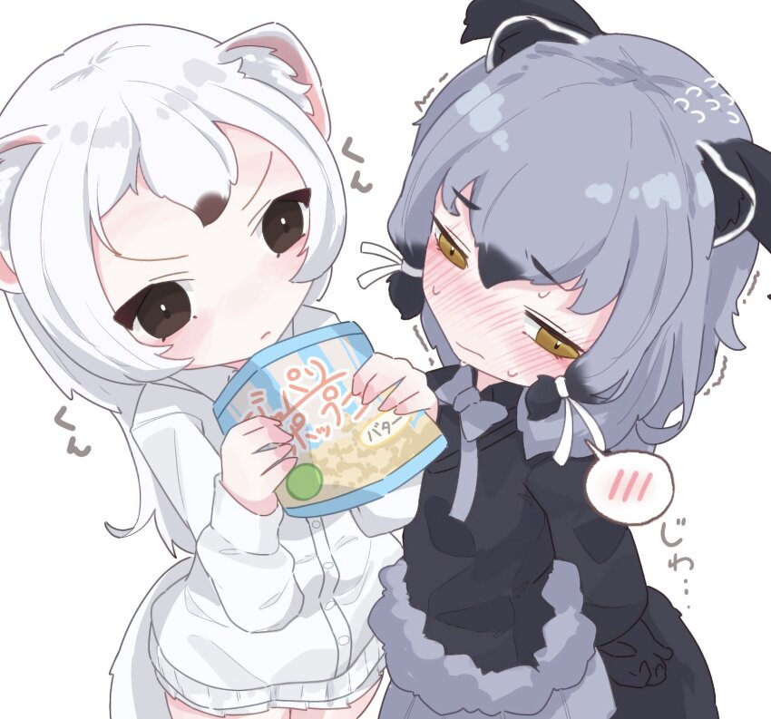 2girls, animal_ears, binturong_(kemono_friends), binturong_girl, black_gloves, black_hair, black_sweater, blush