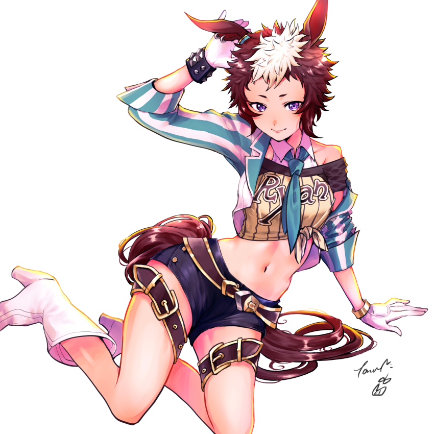 1girl, animal_ears, aqua_necktie, arm_support, arm_up, belt, black_shorts, boots