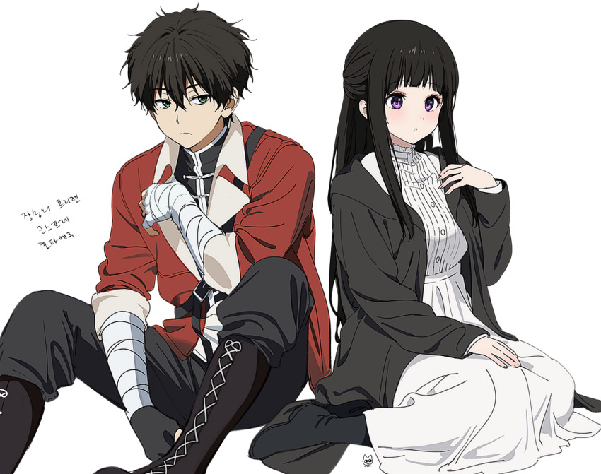 1boy, 1girl, alternate_costume, bandaged_arm, bandages, black_hair, black_robe, blush
