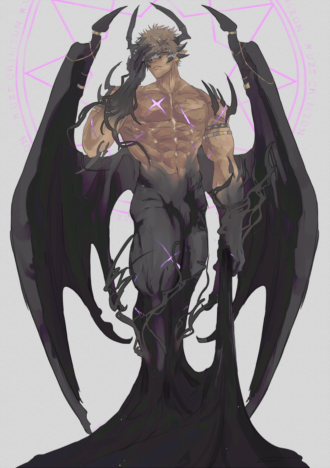 1boy, abs, alternate_form, armlet, black_hair, black_skin, broken_mask, collarbone