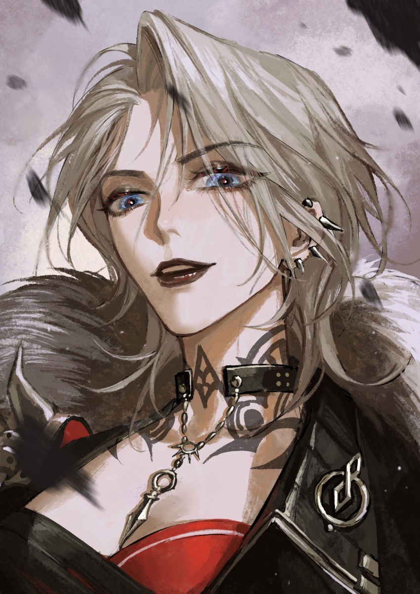 1girl, absurdres, black_choker, black_coat, black_lips, blue_eyes, ccccl., chinese_commentary