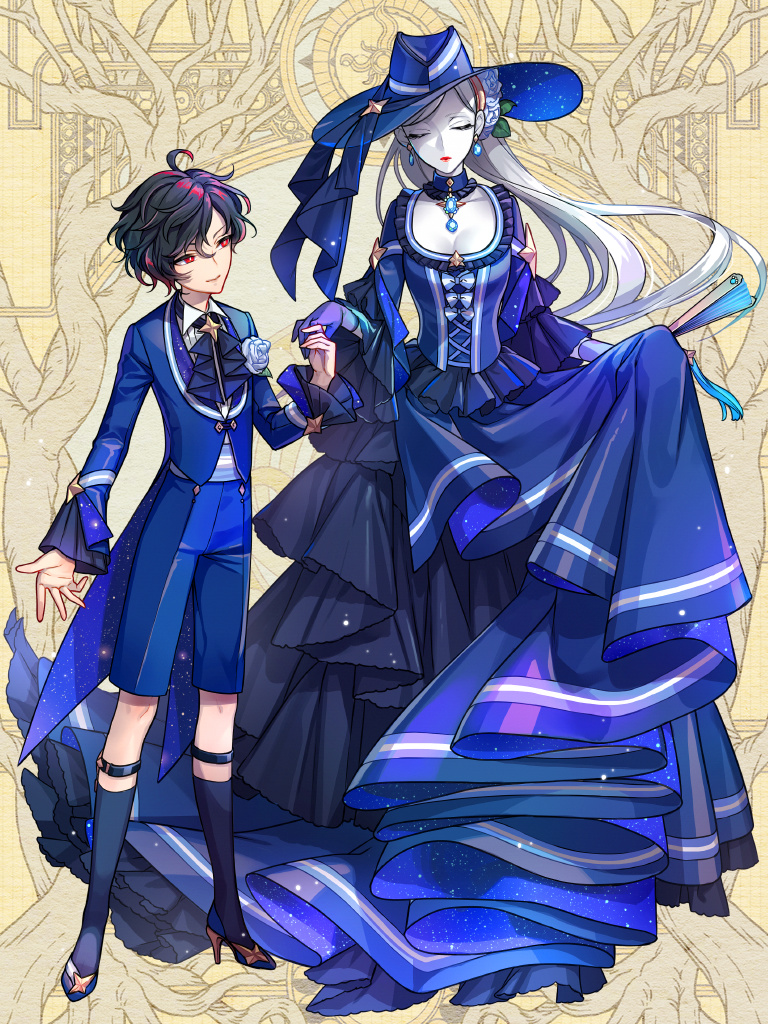 2girls, amg_(nwmnmllf), ascot, bell_sleeves, black_ascot, black_dress, black_hair, black_socks, blue_choker, blue_dress, blue_footwear, blue_gem, blue_headwear, blue_jacket, blue_shorts, boutonniere, breasts, brooch, choker, christoph_poe, cleavage, closed_eyes, closed_mouth, collared_shirt, colored_skin, dairoku_ryouhei, dress, earrings, expressionless, facing_viewer, floating_earrings, flower, folded_fan, folding_fan, frilled_sleeves, frills, full_body, gem, gloves, gown, hair_between_eyes, hair_flower, hair_ornament, hand_fan, hat, hat_ornament, hat_ribbon, high_heels, holding, holding_fan, holding_hands, holding_own_dress, jacket, jewelry, layered_dress, legwear_garter, long_hair, long_sleeves, looking_at_another, medium_breasts, multiple_girls, open_hand, pendant_choker, picture_hat, purple_gloves, red_eyes, red_lips, reverse_trap, ribbon, rose, shirt, short_hair, shorts, smile, socks, standing, star_(symbol), star_brooch, star_hat_ornament, starry_sky_print, swept_bangs, tailcoat, two-tone_dress, white_flower, white_hair, white_rose, white_shirt, white_skin, yellow_background