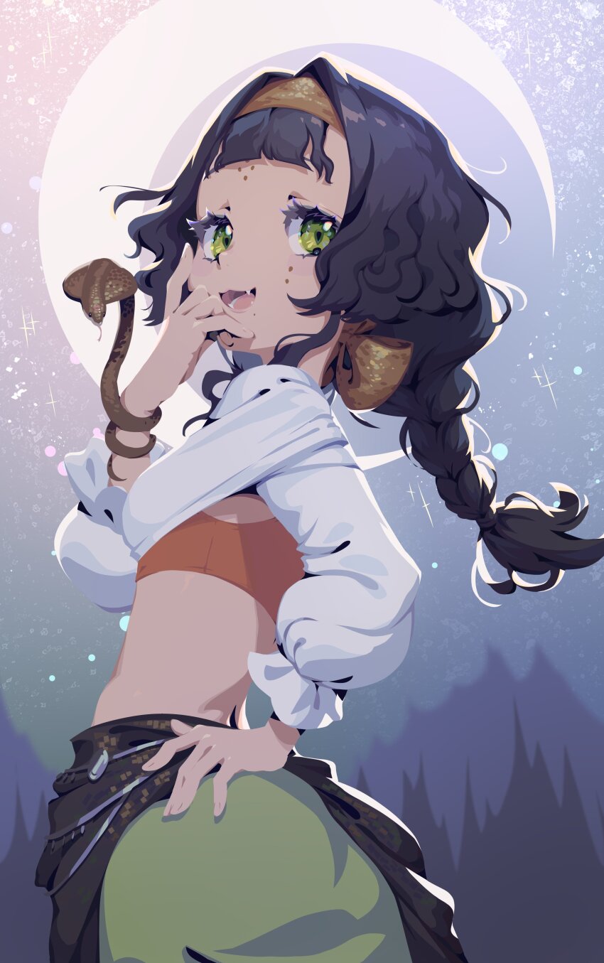 1girl, :d, absurdres, animal_on_arm, black_hair, blue_background, blunt_bangs, braid