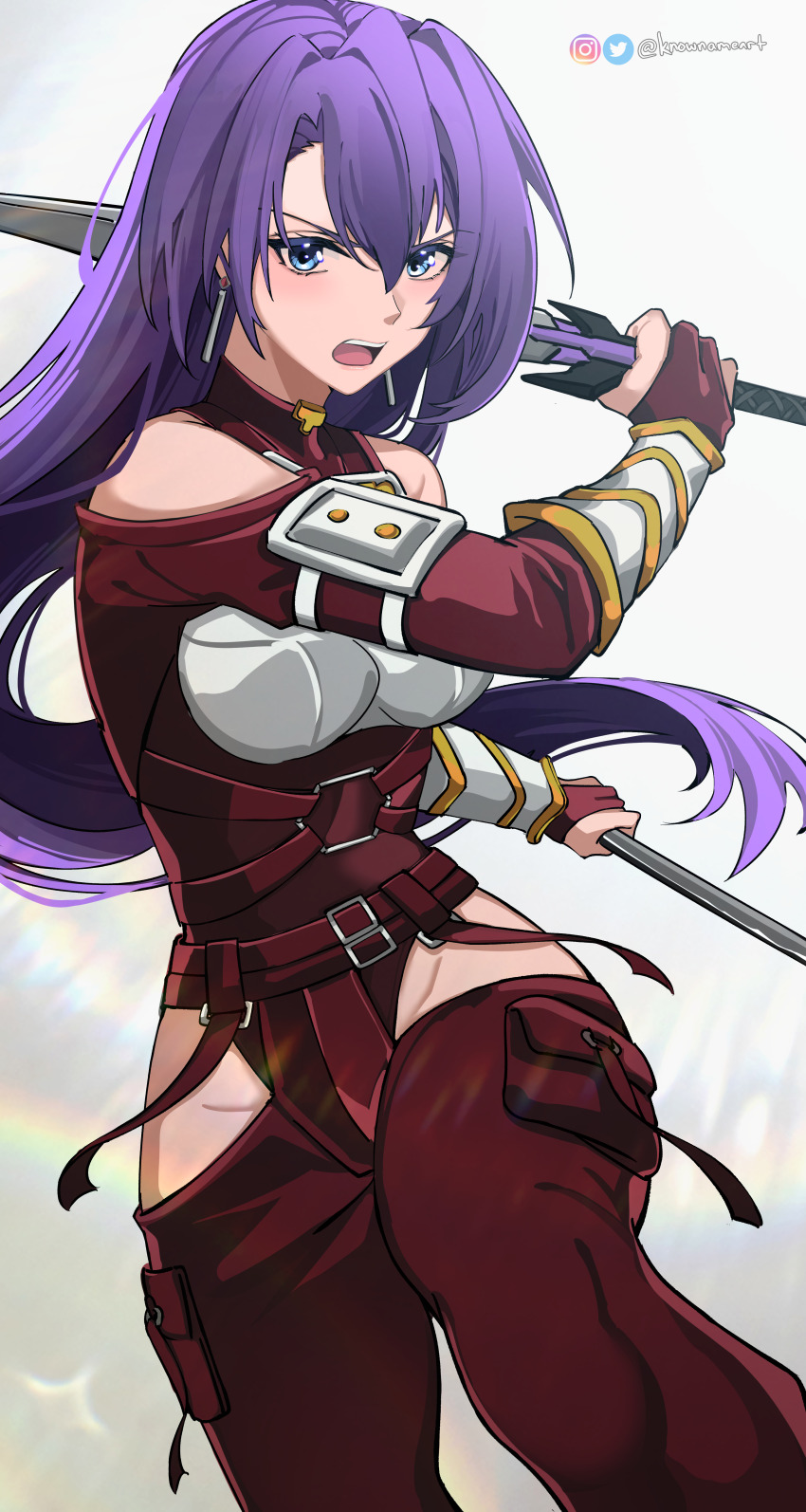 1girl, absurdres, amane_towa, armor, bare_shoulders, belt, blue_eyes, breastplate, breasts, clothing_cutout, dual_wielding, earrings, gloves, highres, hip_vent, holding, holding_polearm, holding_sword, holding_weapon, instagram_logo, instagram_username, jewelry, knowname, long_hair, looking_at_viewer, medium_breasts, open_mouth, partially_fingerless_gloves, polearm, purple_hair, rainbow, shangri-la_frontier, simple_background, solo, sword, twitter_logo, twitter_username, vambraces, weapon, white_background