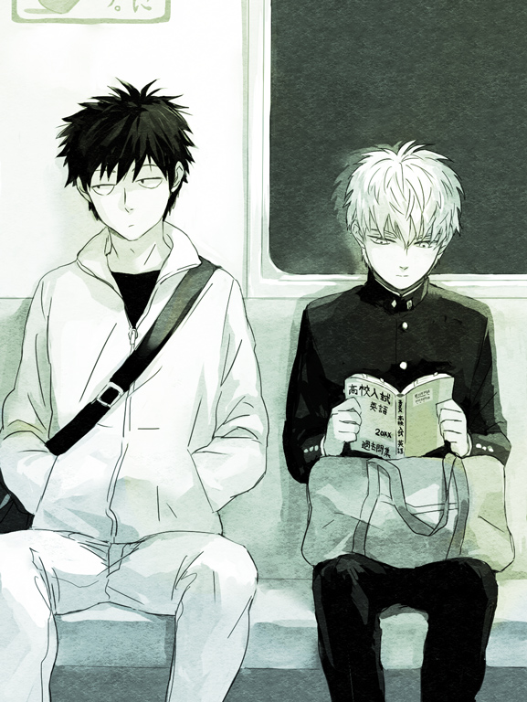 2boys, aged_down, bad_id, bad_pixiv_id, bag, black_eyes, black_hair, book