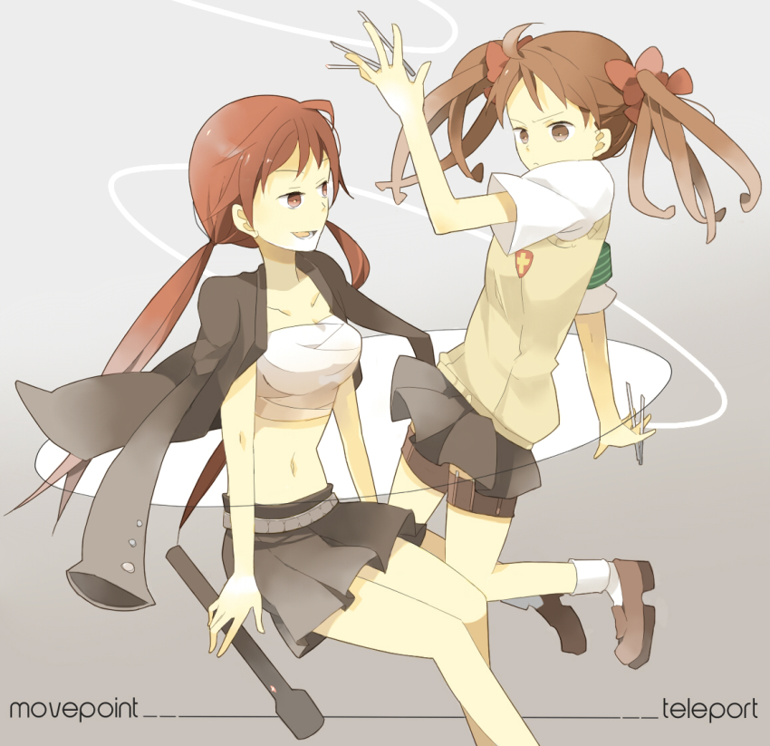 2girls, armband, bad_id, bad_pixiv_id, bandages, between_fingers, bow, brown_hair
