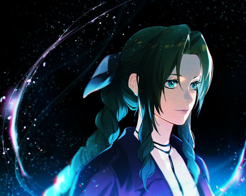 1girl, aerith_gainsborough, braid, braided_ponytail, brown_hair, closed_mouth, cma_cmakuma, commentary_request, curly_hair, final_fantasy, final_fantasy_vii, final_fantasy_vii_remake, green_eyes, hair_between_eyes, hair_ribbon, jacket, light_particles, open_clothes, open_jacket, parted_bangs, pink_lips, pink_ribbon, portrait, red_jacket, ribbon, sidelocks, solo