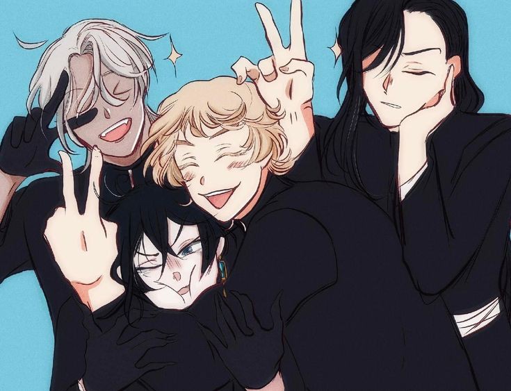 4boys, black_hair, black_pants, black_shirt, blonde_hair, blue_background, blue_eyes, blush