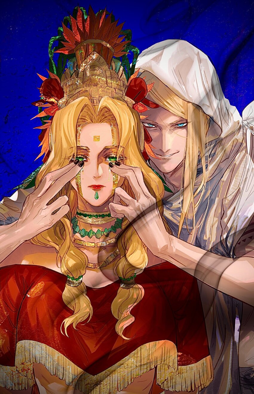 1boy, 1girl, black_nails, blue_background, blue_eyes, darkness, evil_smile, face_piercing, fate/grand_order, fate_(series), gold, green_eyes, hands_on_another's_face, headdress, highres, hood, jewelry, labret_piercing, long_hair, mouth_piercing, necklace, piercing, poncho, quetzalcoatl_(fate), smile, tezcatlipoca_(fate), washblackmud