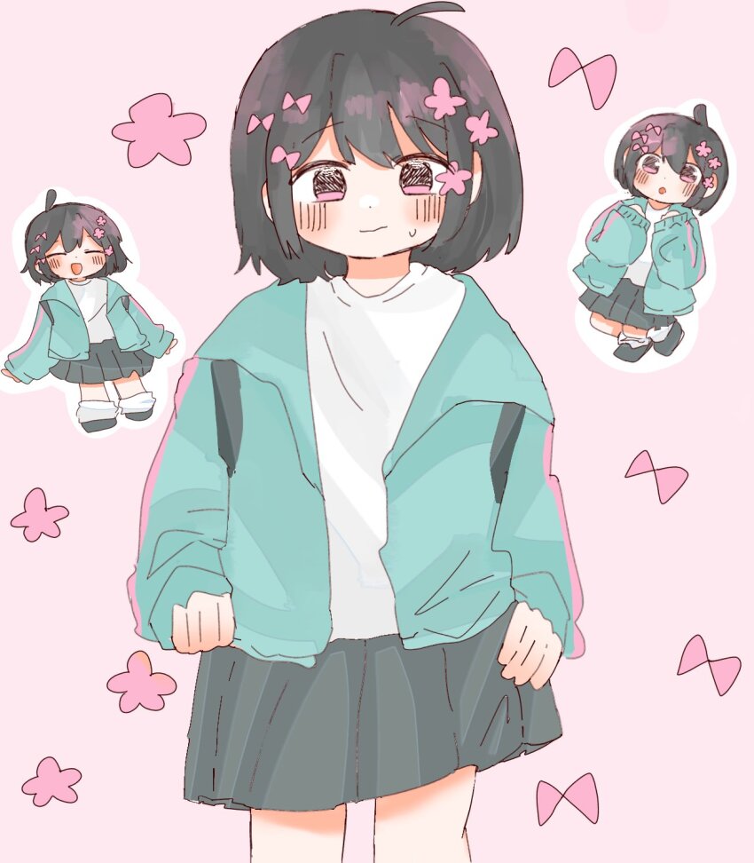 1girl, :o, ahoge, aqua_jacket, backpack, bag, black_bag, black_footwear