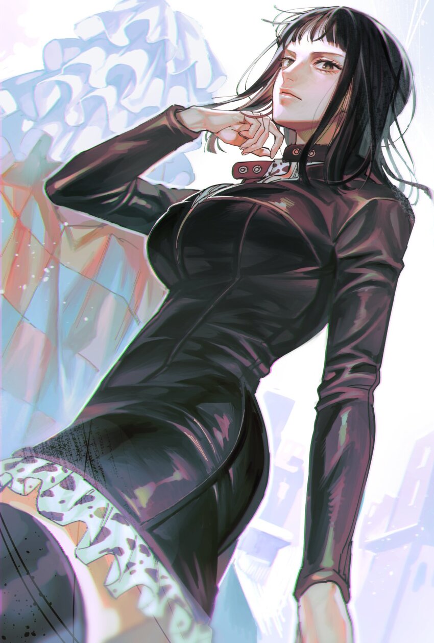1girl, 1other, black_hair, blunt_bangs, boots, brown_eyes, checkered_cloak, checkered_clothes, collared_shirt, commentary, cowboy_shot, dress, from_below, hand_in_own_hair, highres, leather, leather_dress, long_sleeves, looking_at_viewer, looking_back, medium_hair, newponold, nico_robin, nico_robin_(water_7), one_piece, shirt, short_dress, thigh_boots, thighhighs, white_background, zettai_ryouiki