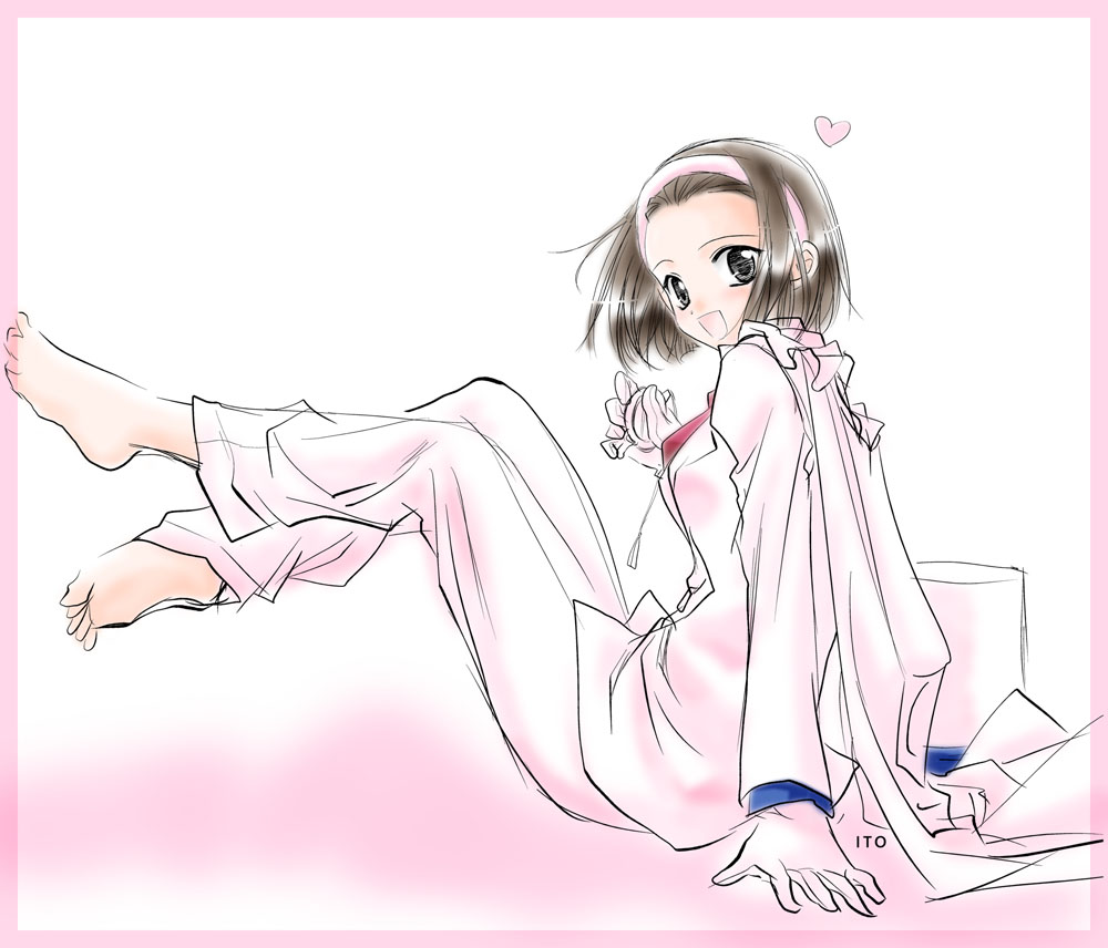 1girl, barefoot, brown_eyes, brown_hair, cosplay, feet, female_focus, formal_clothes