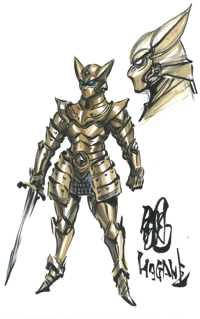 amemiya_keita, animal_ears, armor, breastplate, brown_armor, character_name, commentary_request, concept_art, full_armor, full_body, garo_(tokusatsu_series), gauntlets, greaves, green_eyes, hagane_(garo), helmet, highres, holding, holding_sword, holding_weapon, knight, official_art, pauldrons, plate_armor, plume, shoulder_armor, simple_background, solo, standing, sword, tokusatsu, weapon, white_background