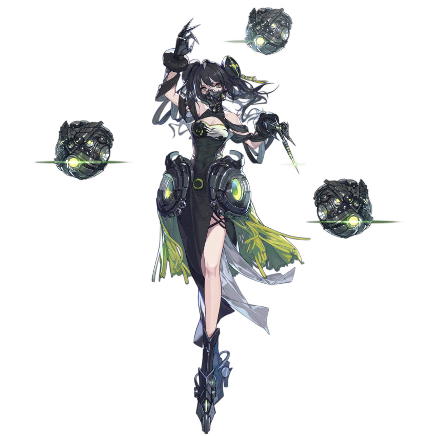 1girl, arm_up, artist_request, bare_shoulders, black_choker, black_dress, black_gloves, black_hair