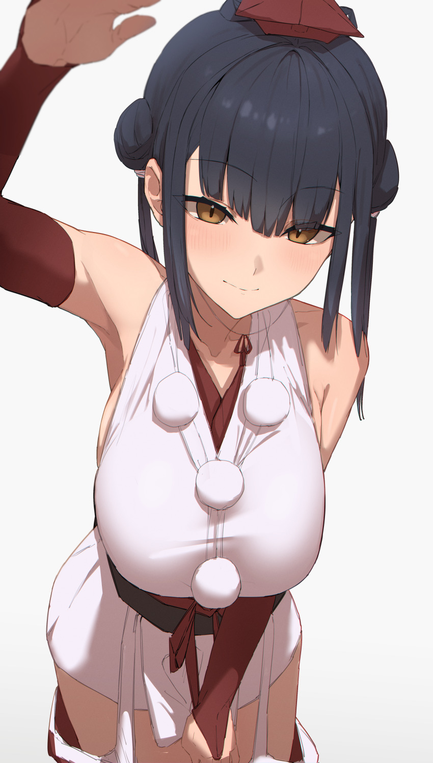 1girl, absurdres, bare_shoulders, black_hair, breasts, bridal_gauntlets, brown_eyes, detached_pants