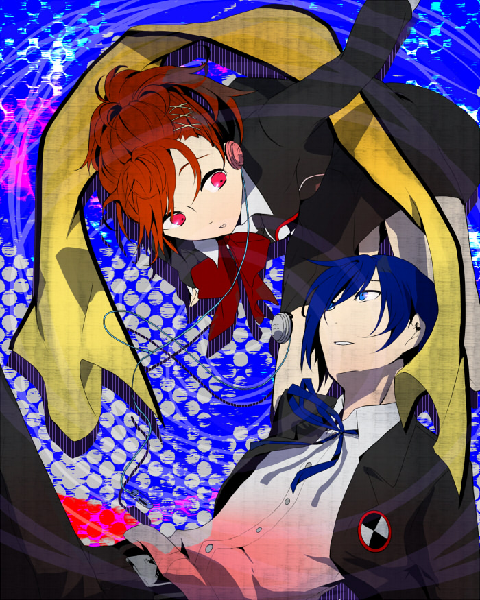 1boy, 1girl, atlus, bad_id, bad_pixiv_id, blue_eyes, blue_hair, cable, headphones, krt00, persona, persona_3, persona_3_portable, red_eyes, red_hair, ribbon, sarae_(krt00), scarf, school_uniform, shiomi_kotone, skirt, yuuki_makoto_(persona_3)