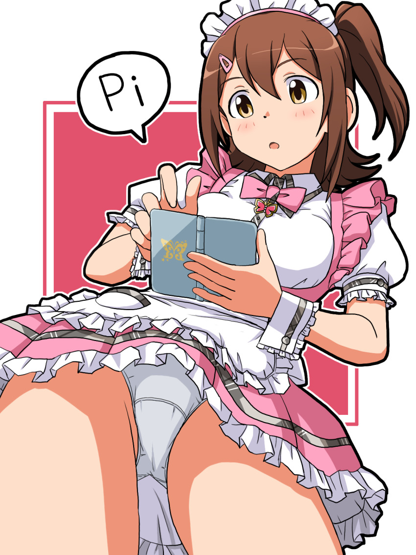 1girl, apron, bow, bowtie, breasts, brown_eyes, brown_hair, collared_shirt