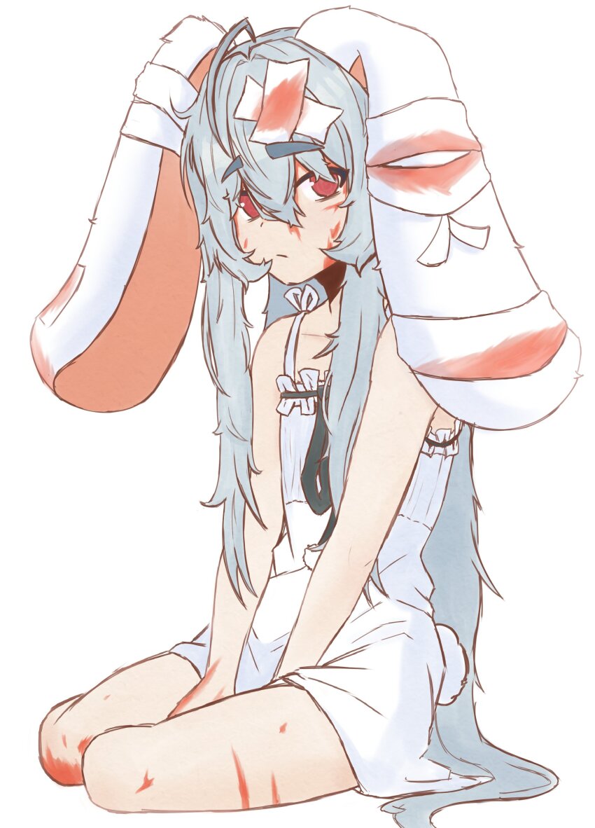 1girl, @_@, absurdres, ahoge, animal_ears, bandages, between_legs, black_ribbon