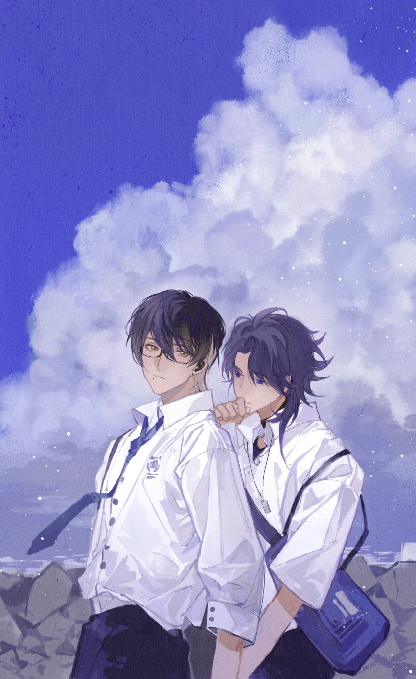2boys, absurdres, bag, black_hair, black_pants, blue_bag, blue_eyes, blue_hair