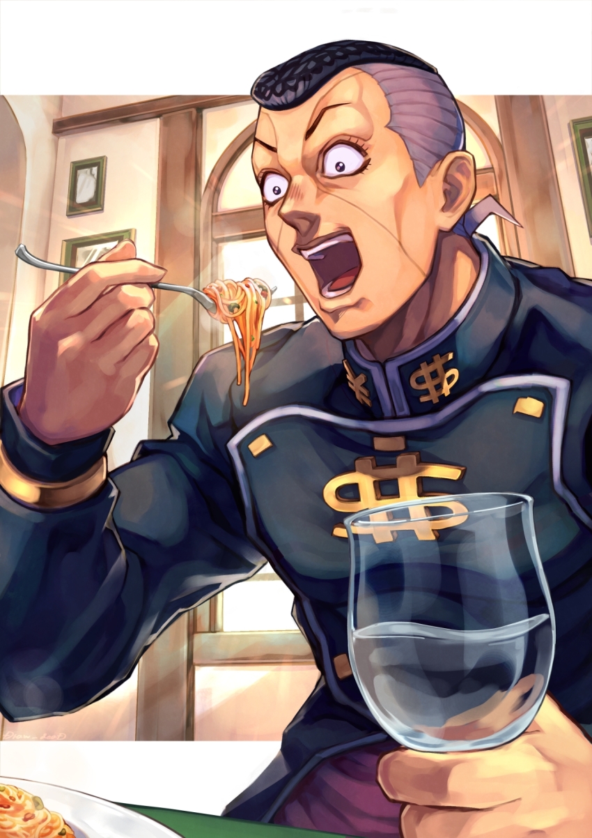 1boy, black_eyes, black_hair, black_jacket, commentary_request, cup, diamond_wa_kudakenai, dollar_sign