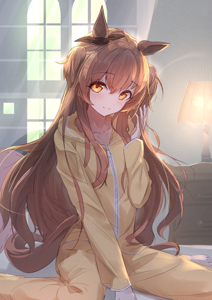 1girl, absurdres, alternate_costume, animal_ears, bed, breasts, closed_mouth, collarbone