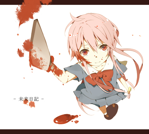 1girl, axe, blood, female_focus, gasai_yuno, lowres, mirai_nikki, naniiro