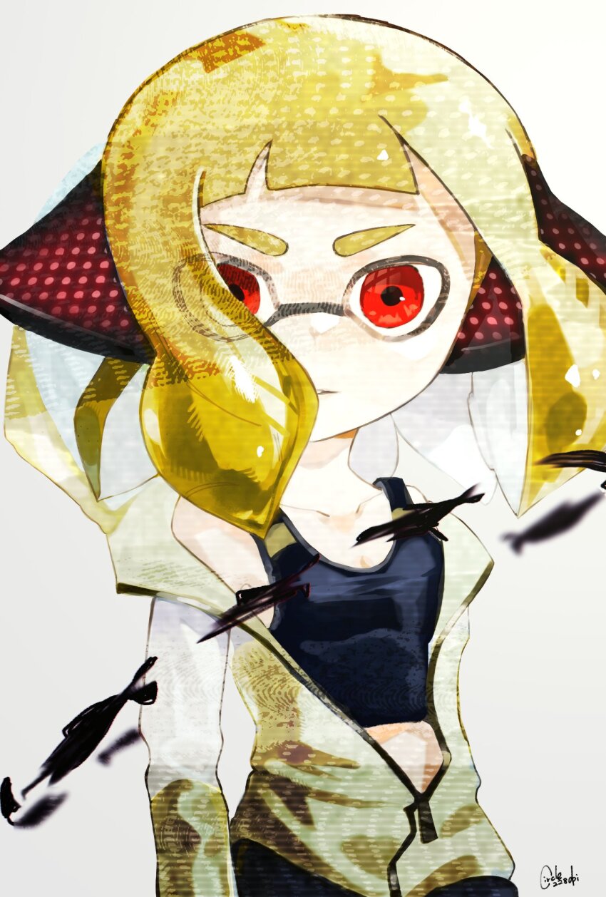 1girl, agent_3_(splatoon_3), agent_4_(splatoon), agent_4_(splatoon)_(cosplay), black_shirt, blonde_hair, circle228dpi, closed_mouth, collarbone, commentary_request, cosplay, crop_top, headphones, highres, inkling_girl, inkling_player_character, jacket, looking_at_viewer, medium_hair, nintendo, open_clothes, open_jacket, red_eyes, shirt, simple_background, sleeveless, sleeveless_shirt, solo, splatoon_(series), splatoon_2, splatoon_3, tentacle_hair, thick_eyebrows, upper_body, white_background, yellow_jacket