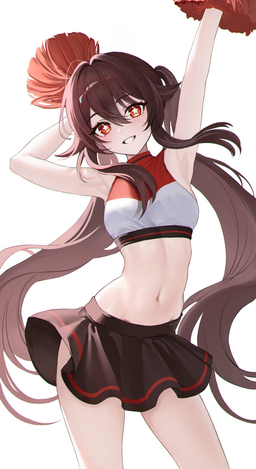 1girl, absurdres, armpits, arms_up, black_skirt, brown_hair, cheerleader, commentary_request