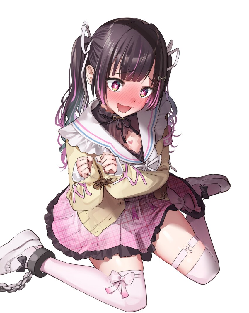 1girl, absurdres, black_bow, black_hair, blush, bound, bound_wrists, bow, cardigan, commission, cuffs, footwear_bow, hair_ornament, hair_ribbon, hcstyrus_ii, heart, heart-shaped_pupils, highres, himemiya_rie, himemiya_rie_(1st_costume), long_hair, mole, mole_under_eye, multicolored_hair, open_mouth, phase_connect, pink_eyes, pink_hair, pink_skirt, plaid_clothes, plaid_skirt, restrained, ribbon, rope_around_wrist, sailor_collar, second-party_source, shackles, shoes, sitting, skirt, streaked_hair, symbol-shaped_pupils, thighhighs, twintails, virtual_youtuber, wariza, white_bow, white_footwear, white_ribbon, white_sailor_collar, white_thighhighs, yellow_cardigan