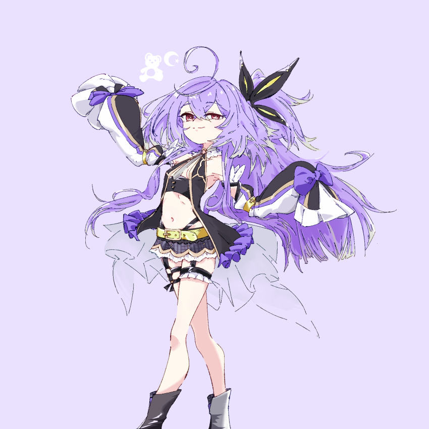 1girl, ahoge, arm_belt, arm_up, belt, between_breasts, black_dress, black_sleeves