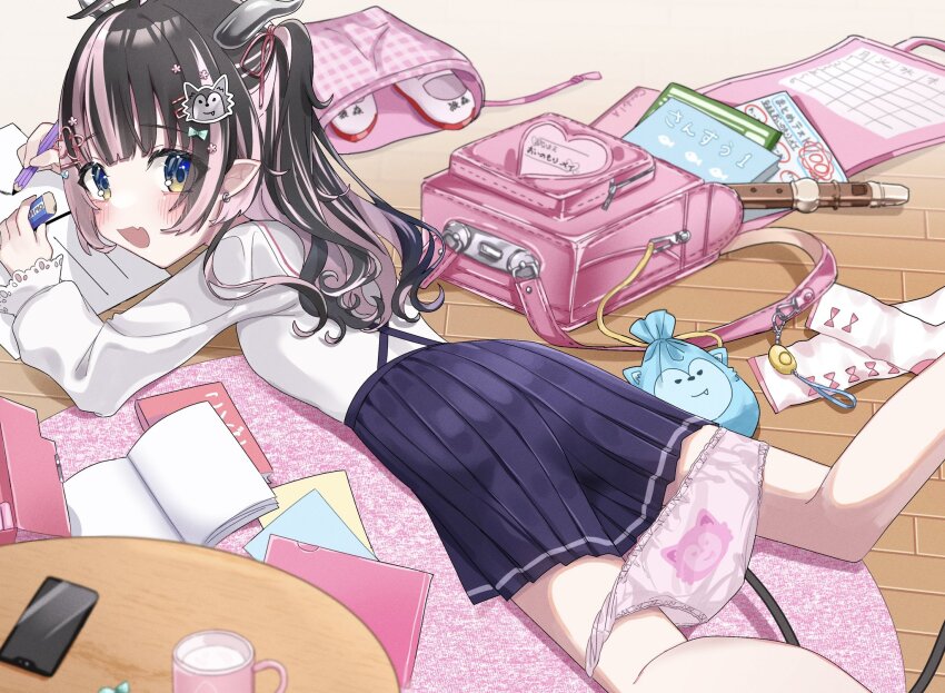 1girl, back-print_panties, black_hair, blue_eyes, blush, book, cellphone, commentary_request, demon_girl, demon_horns, demon_tail, drawing_(action), earrings, eraser, fang, feet_out_of_frame, flute, grey_horns, hair_ornament, hair_ribbon, hairclip, highres, holding, holding_pencil, horns, instrument, jewelry, long_hair, looking_at_viewer, lying, multicolored_hair, nanashi_inc., official_alternate_costume, oinomori_may, oinomori_may_(2nd_costume), on_stomach, open_book, open_mouth, panties, panty_pull, pencil, phone, pink_bag, pink_hair, pink_panties, pink_ribbon, pointy_ears, print_panties, purple_skirt, recorder, ribbon, shirt, shoes, single_earring, skin_fang, skirt, smartphone, smile, solo, suspender_skirt, suspenders, tail, tamotsu_(mary), the_pose, two-tone_hair, underwear, unworn_shoes, virtual_youtuber, white_shirt, white_shoes, wooden_floor