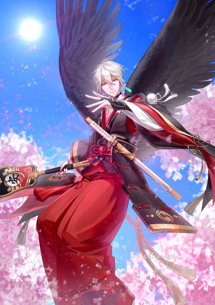 1boy, armor, artist_name, black_bridal_gauntlets, black_kimono, black_wings, bridal_gauntlets, cherry_blossoms