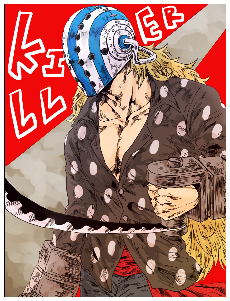 1boy, blonde_hair, character_name, collarbone, commentary_request, hockey_mask, holding, holding_weapon, killer_(one_piece), long_hair, long_sleeves, male_focus, mask, one_piece, ooi_thisway, shirt, solo, weapon