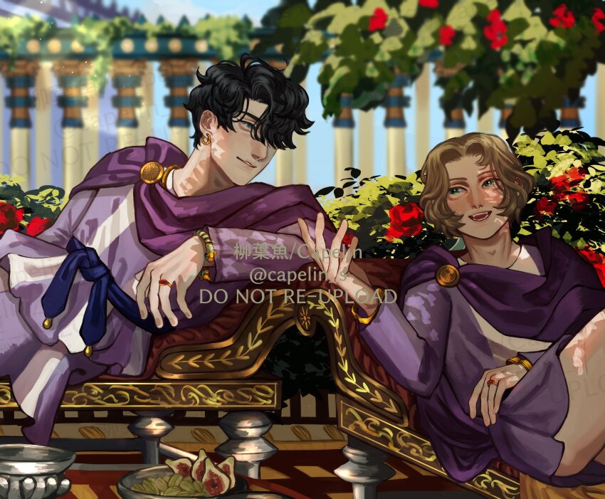 2boys, absurdres, alexander_the_great, ancient_greek_clothes, arm_rest, belt, black_hair, blue_belt