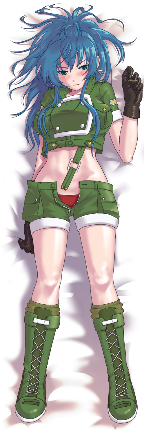 1girl, angry, black_gloves, blue_eyes, blue_hair, blush, boots, earrings, female_focus, gloves, highres, jewelry, leona_heidern, long_hair, long_image, lying, matching_hair/eyes, navel, panties, sakura_mafumi, shorts, snk, solo, tall_image, the_king_of_fighters, underwear, zipper