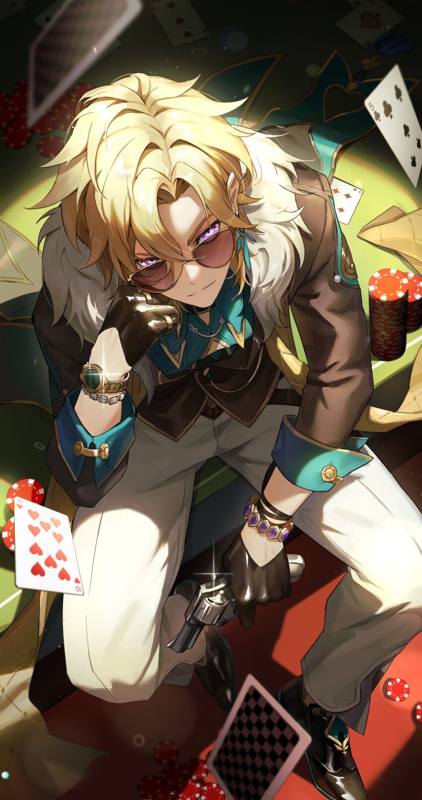 1boy, absurdres, aqua_shirt, aventurine_(honkai:_star_rail), black_footwear, black_gloves, black_jacket, blonde_hair