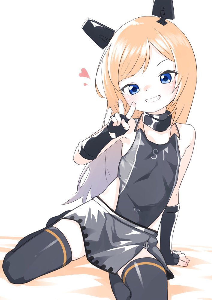 1girl, aged_down, arm_support, black_gloves, black_leotard, black_thighhighs, blonde_hair, blue_eyes
