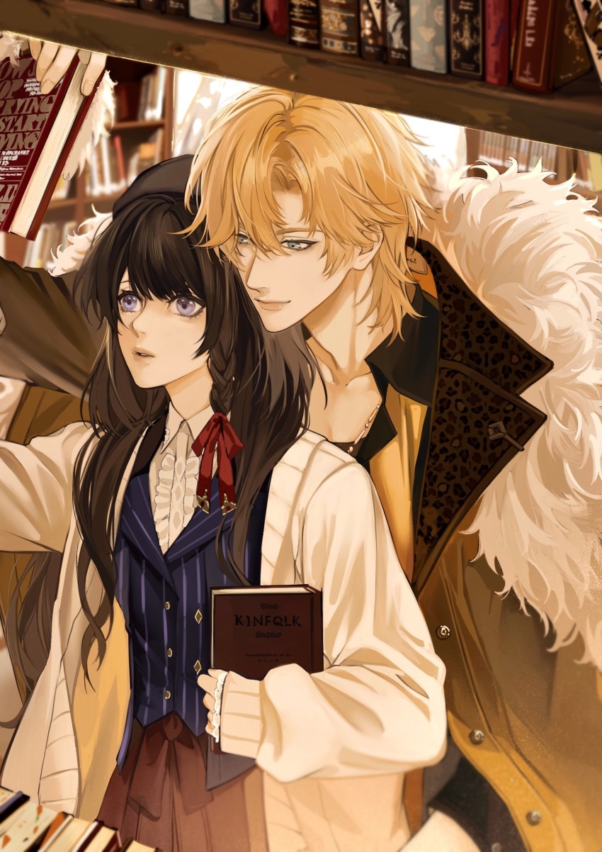 1boy, 1girl, absurdres, animal_print, aqua_eyes, beret, black_hair, black_headwear