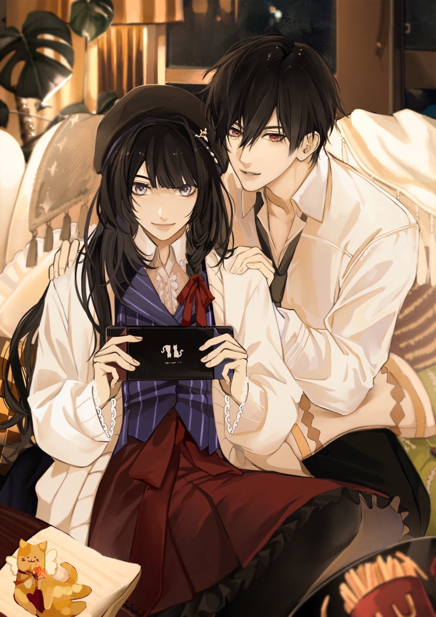 1boy, 1girl, absurdres, ayn_alwyn, ayn_alwyn_(everyday_outfit), beret, black_hair, black_headwear, black_necktie, black_pants, black_pantyhose, blue_vest, blunt_bangs, cardigan, cat, center_frills, closed_mouth, collared_shirt, couch, cushion, food, french_fries, frilled_skirt, frills, hair_between_eyes, hair_ribbon, handheld_game_console, hands_on_another's_shoulders, hat, heroine_(lovebrush_chronicles), highres, holding, holding_handheld_game_console, ikekomori, indoors, lips, long_hair, long_sleeves, looking_at_object, loose_necktie, lovebrush_chronicles, necktie, on_couch, open_cardigan, open_clothes, open_collar, pants, pantyhose, parted_lips, pinstripe_pattern, pinstripe_vest, plant, playing_games, playing_video_games, pleated_skirt, purple_eyes, red_eyes, red_skirt, ribbon, shirt, short_hair, sitting, skirt, table, upper_body, vest, white_cardigan, white_shirt