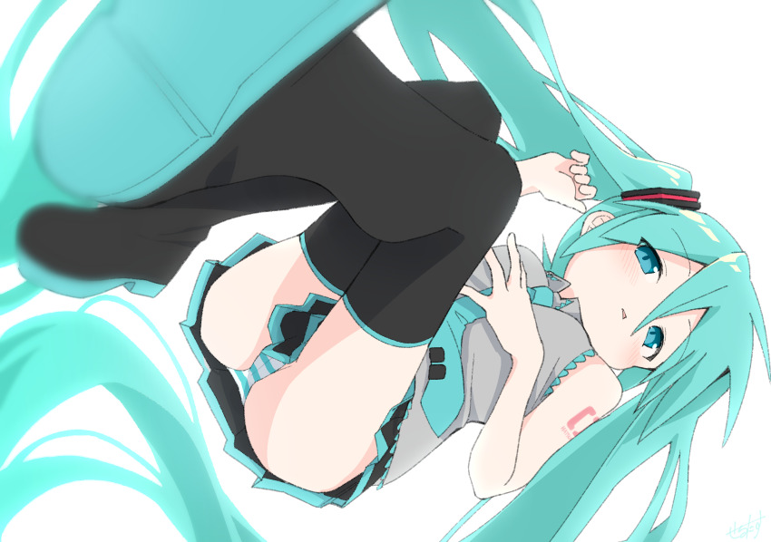 1girl, aqua_eyes, aqua_hair, aqua_necktie, ass, blush, boots, colored_shoe_soles