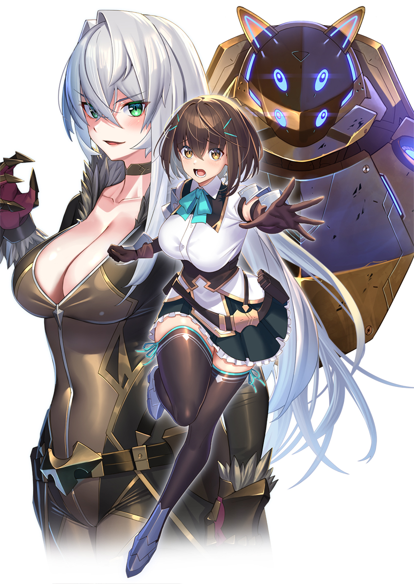 2girls, aqua_ribbon, armor, atashi_wa_seikan_kokka_no_eiyuu_kishi!, belt, belt_pouch, black_sailor_collar, black_skirt
