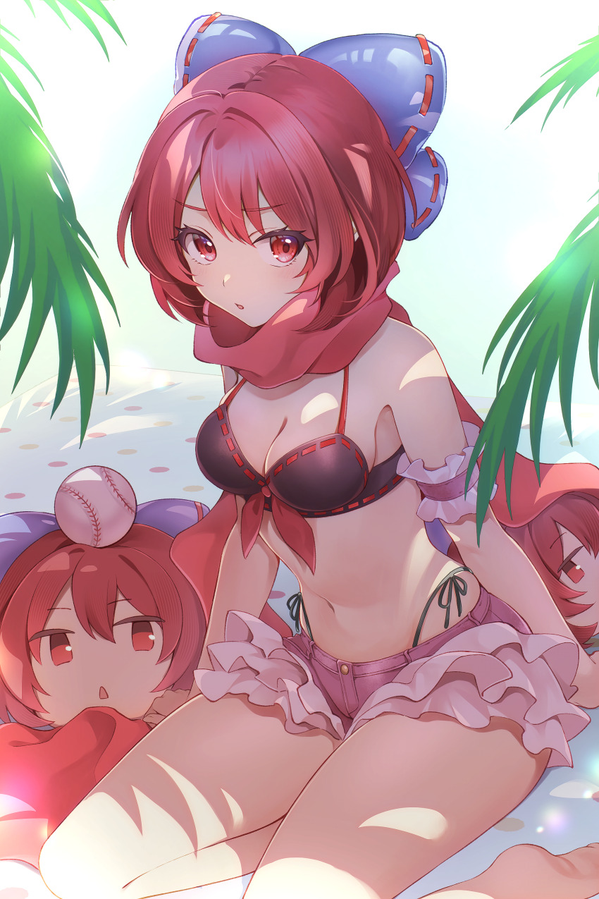 1girl, absurdres, barefoot, bikini, black_bikini, blue_bow, blush, bow, breasts, cleavage, disembodied_head, hair_between_eyes, hair_bow, highres, looking_at_viewer, medium_breasts, navel, parted_lips, pink_shorts, red_eyes, red_hair, red_scarf, scarf, sekibanki, short_hair, shorts, soles, solo, swimsuit, torimarururu, touhou