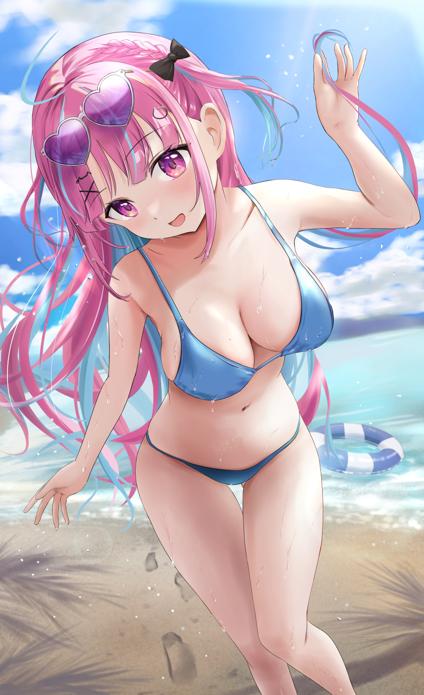1girl, absurdres, ahoge, aqua_hair, bare_arms, bare_shoulders, beach, bikini