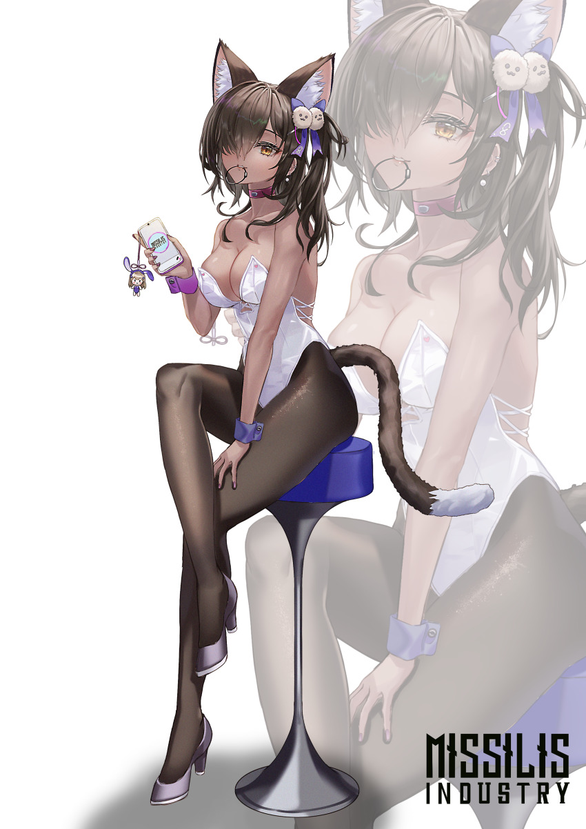 1girl, absurdres, animal_ears, breasts, brown_eyes, brown_hair, brown_pantyhose, cat_ears