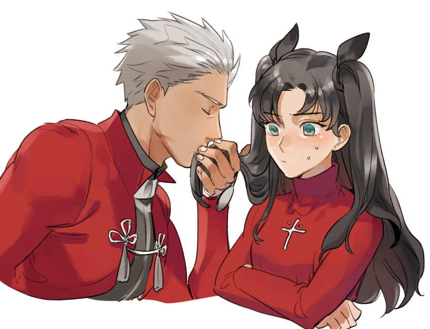 1boy, 1girl, archer_(fate), black_hair, black_ribbon, black_shirt, blue_eyes, blush