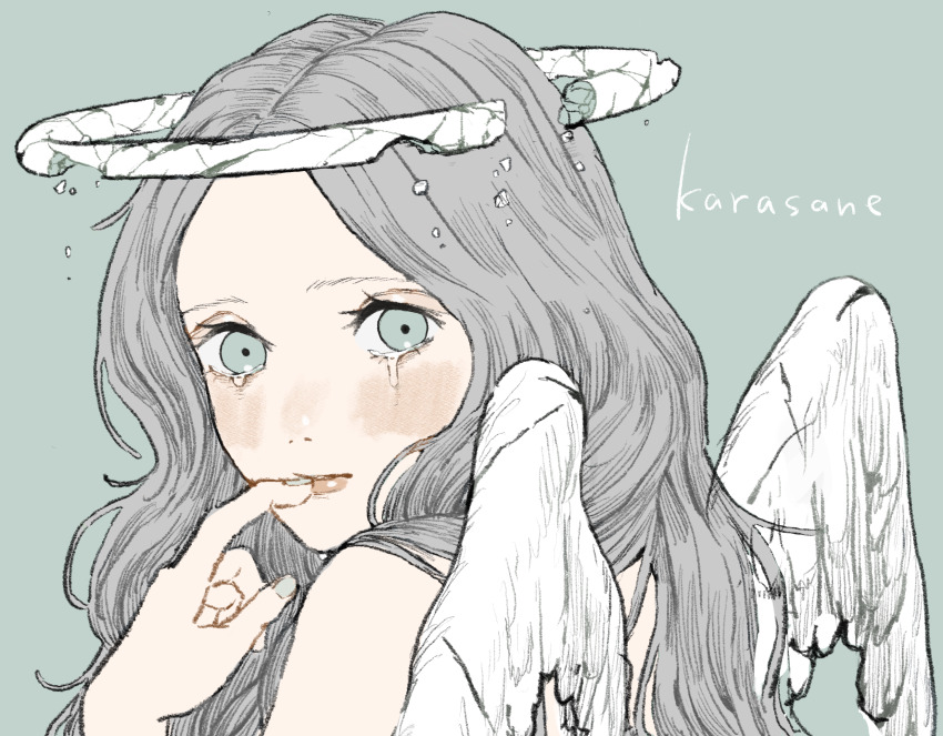 1girl, angel, angel_wings, artist_name, blue_eyes, blush, broken_halo, commentary_request