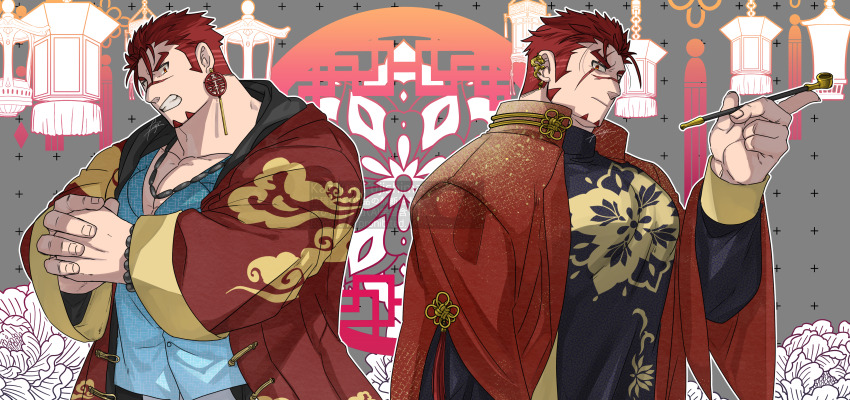 2boys, absurdres, akashi_(alter)_(live_a_hero), akashi_(live_a_hero), bara, chinese_clothes, chinese_new_year, dual_persona, facial_hair, frown, fujishima_kazuya, goatee, highres, holding, holding_smoking_pipe, interlocked_fingers, large_pectorals, live_a_hero, long_sideburns, looking_at_viewer, male_focus, multiple_boys, muscular, muscular_male, own_hands_together, pectorals, red_eyes, red_hair, scar, scar_on_face, scar_on_nose, short_hair, sideburns, smoking_pipe, thick_eyebrows, upper_body
