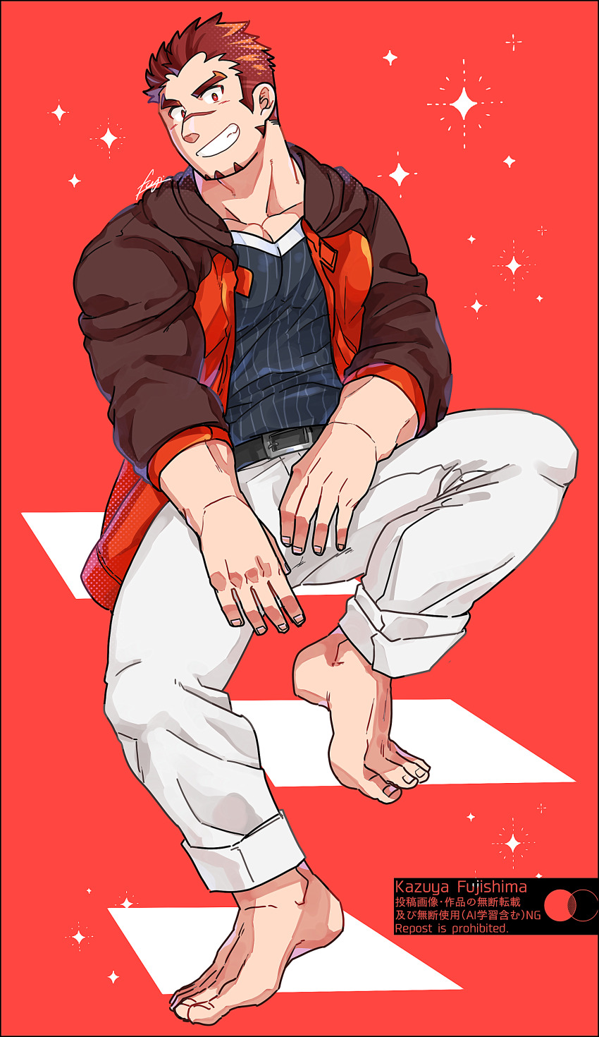 1boy, absurdres, akashi_(live_a_hero), bara, barefoot, facial_hair, fujishima_kazuya, full_body